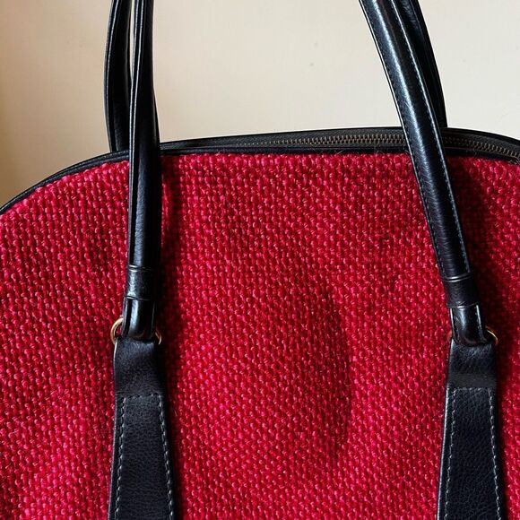 Vintage 70s Red Tweed Structured Mod Handbag Black Vinyl Trim Brass‎ Zipper - Picture 3 of 9